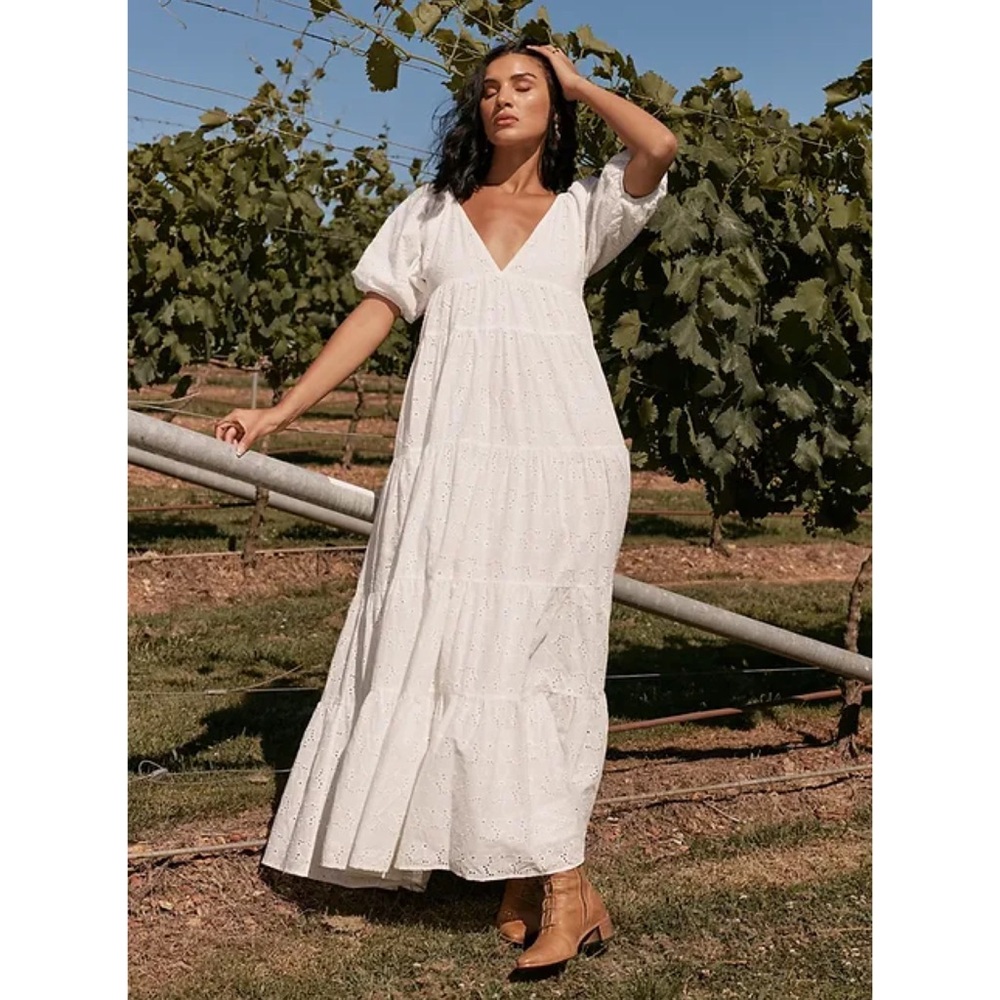 NWT Girl And The Sun Harper White Eyelet Puff Sleeve Maxi Dress Sz L